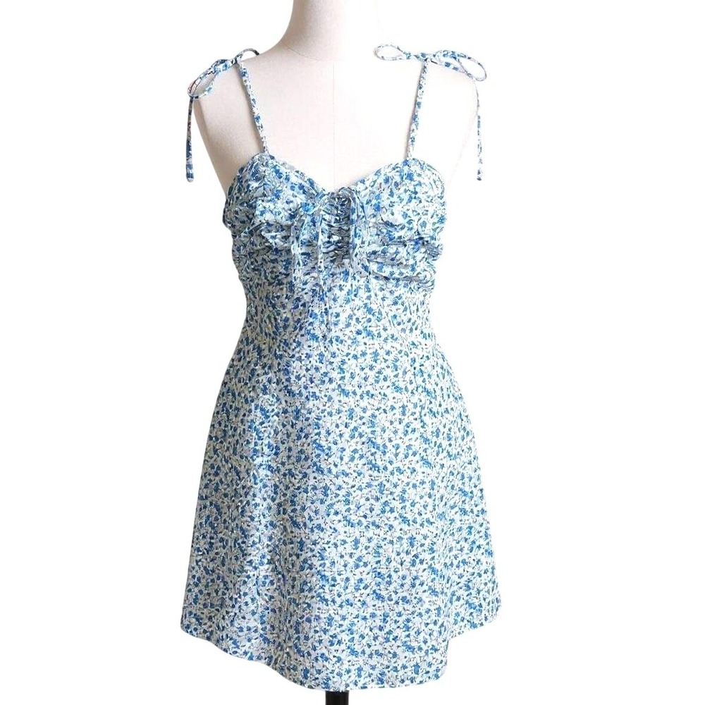 WDIRARA Blue‎ Ditsy Floral Mini Dress Tie Shoulder Ruched Sweetheart Size S NEW
